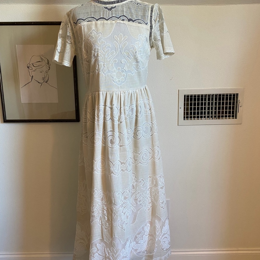 Cream Embroidered Lace Maxi Dress - Women's